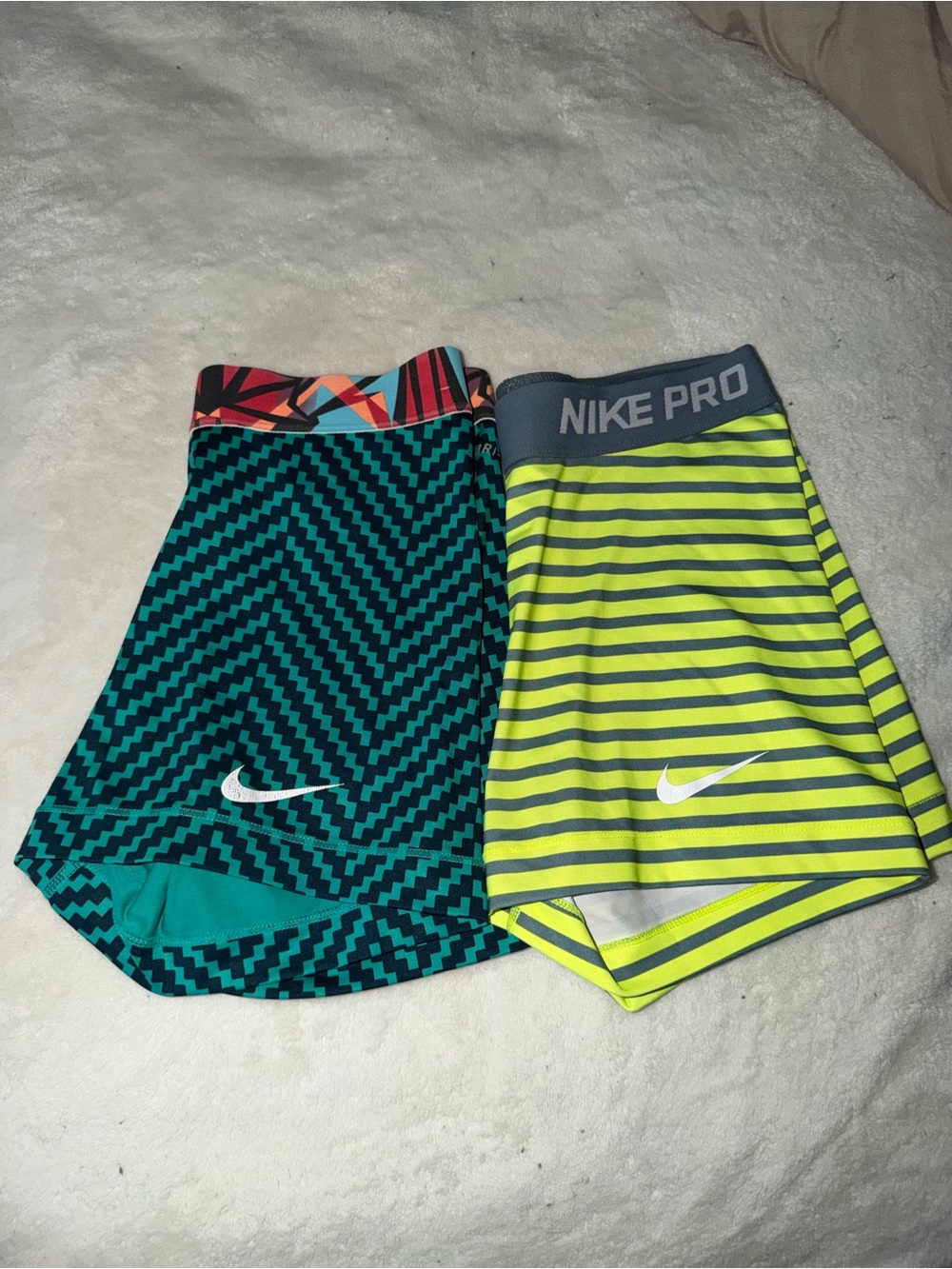 Nike Women's Athletic Shorts - Teal Geometric & Neon Yellow Stripes